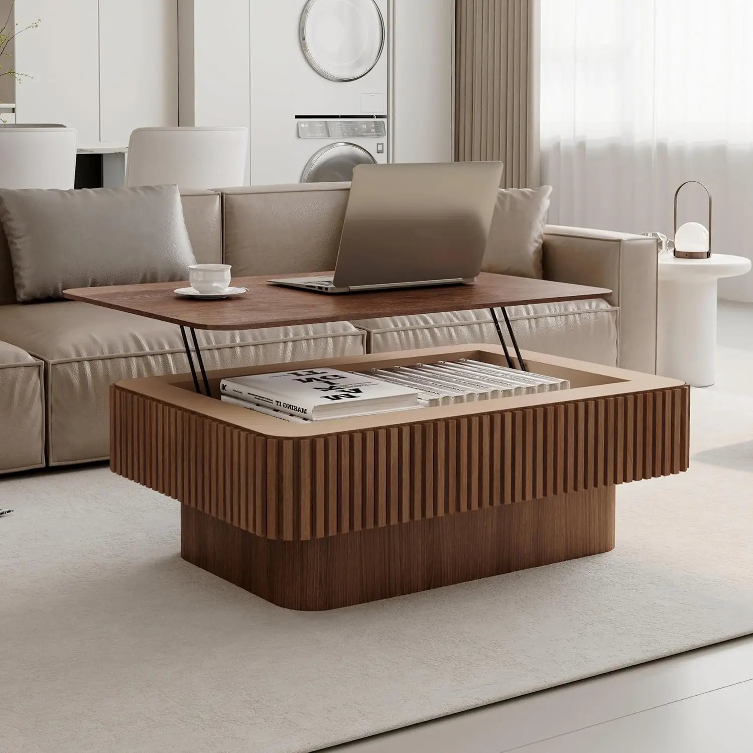 38.6" Square Lift Top Coffee Table, Modern Fluted Tea Table with Hidden Storage for Living Room, Apartment or Office