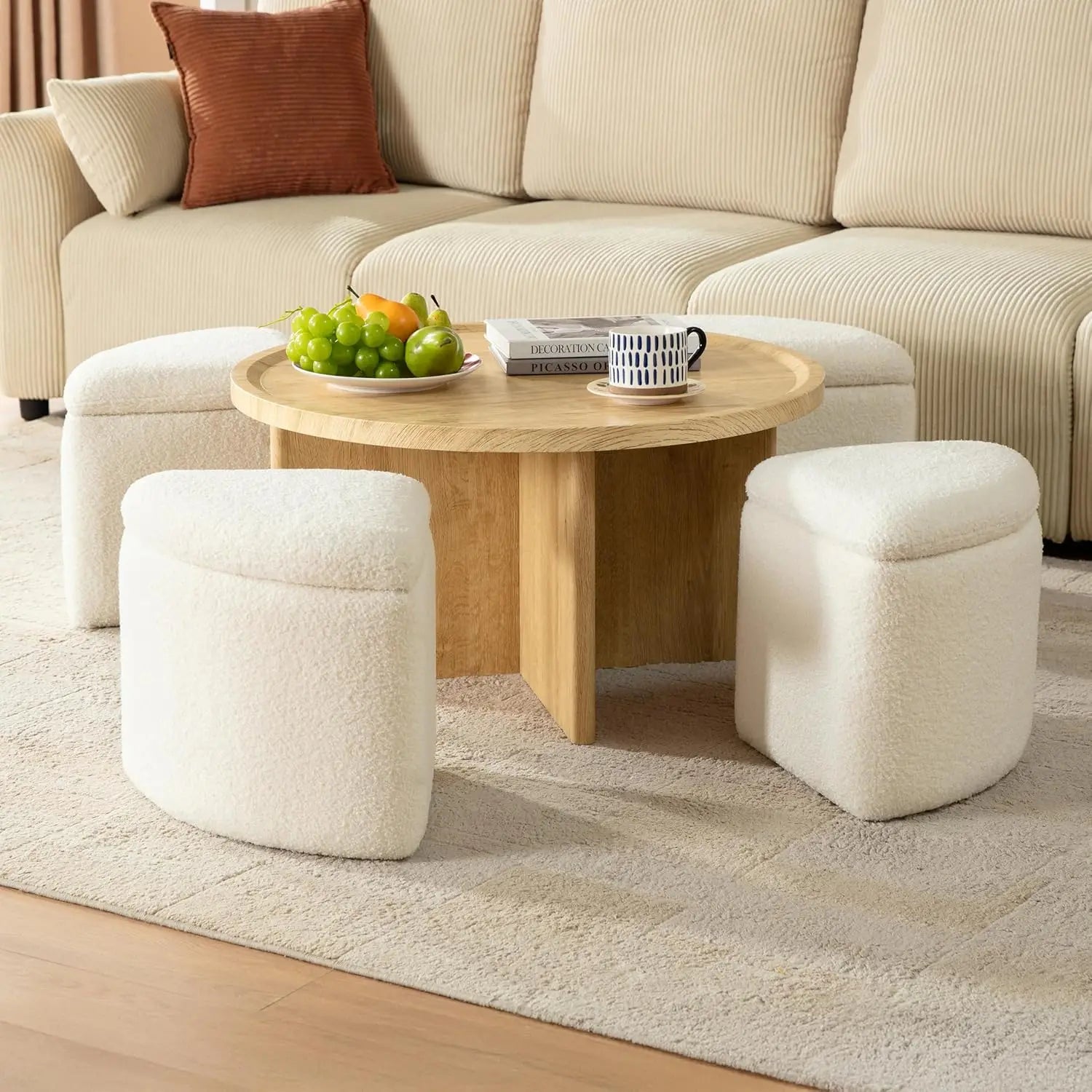 Mid-Century Modern Small Square Coffee Table with Storage + 4 Chenille Ottomans (Living Room/Small Space)